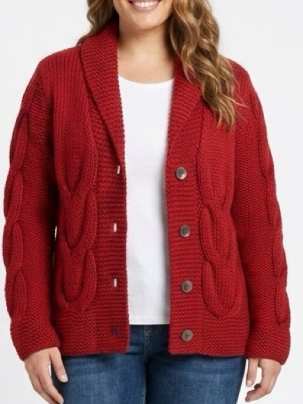 Eddie Bauer Hand-Knit Shawl Collar Cable-Knit Cardigan